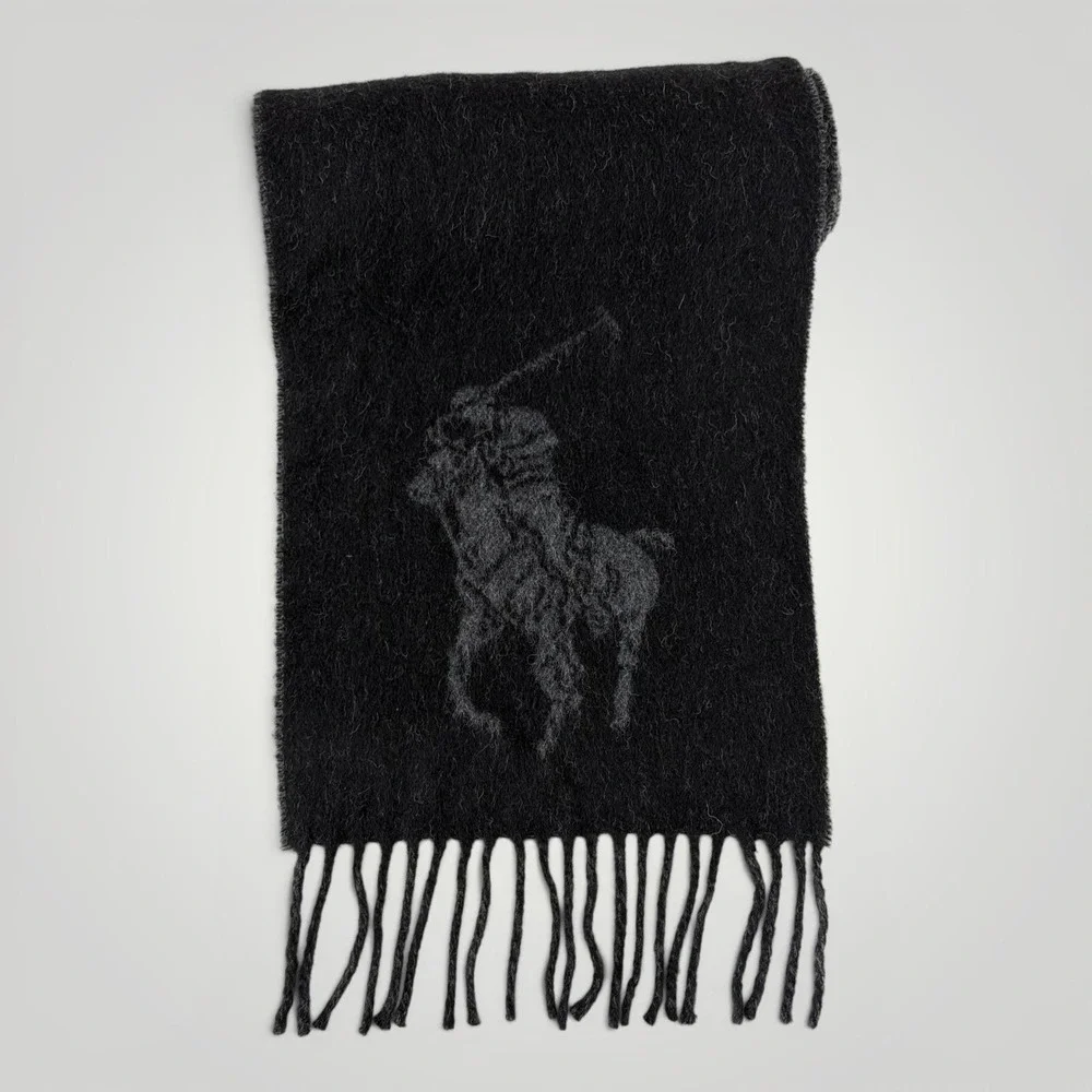Polo Ralph Lauren Scarf Mens Gray Reversible Wool Fringe Italy Big Pony Logo